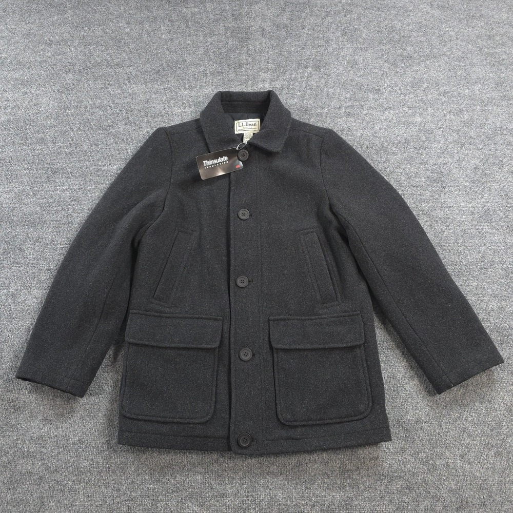 LL Bean Coat Mens Small Gray Wool Thinsulate Quilt Lined Barn Chore Overcoat